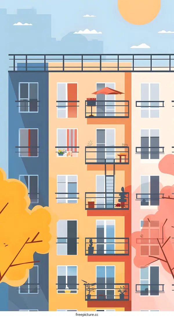 Apartment Building with Balconies and Fall Foliage