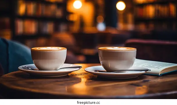 Two cups of coffee on a table in a cafe