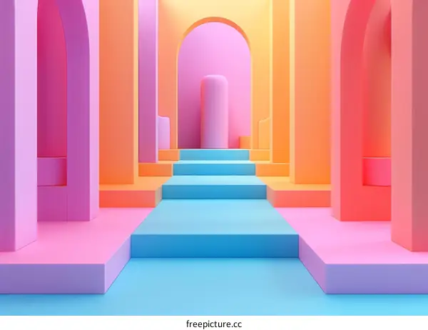 3D rendering of a colorful hallway with arches and a staircase