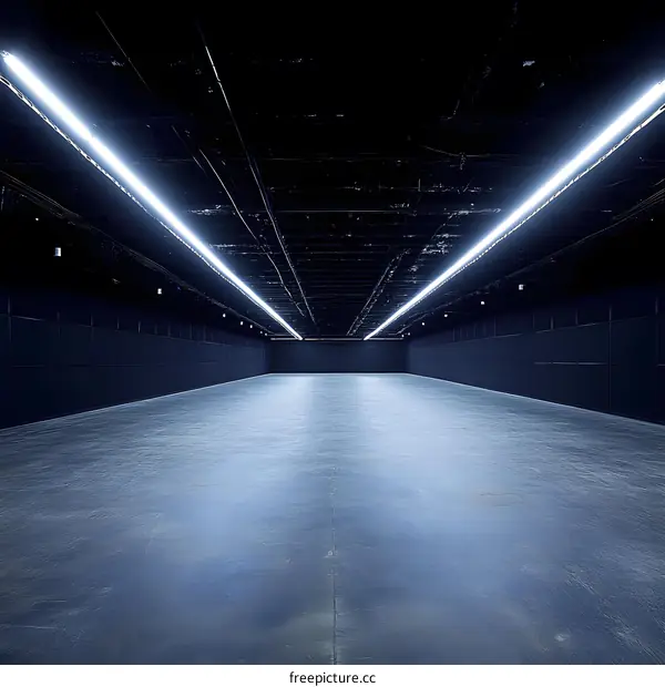 Empty Dark Room With Fluorescent Lights