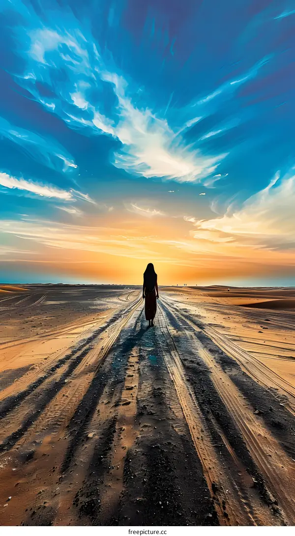 Silhouette of a Woman Walking Alone in the Desert
