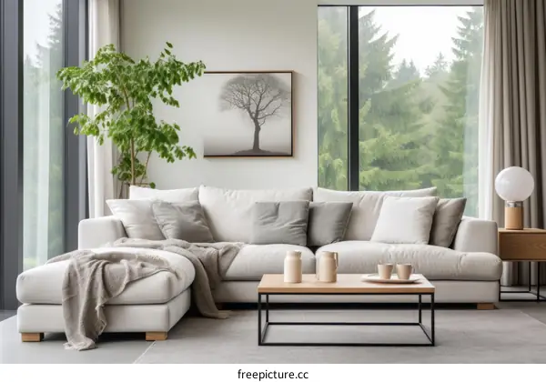 A modern living room with a large sectional sofa, coffee table, and tree artwork on the wall