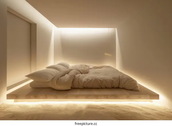 Sleek and Minimal Bedroom with Neutral Colors and Warm Lighting