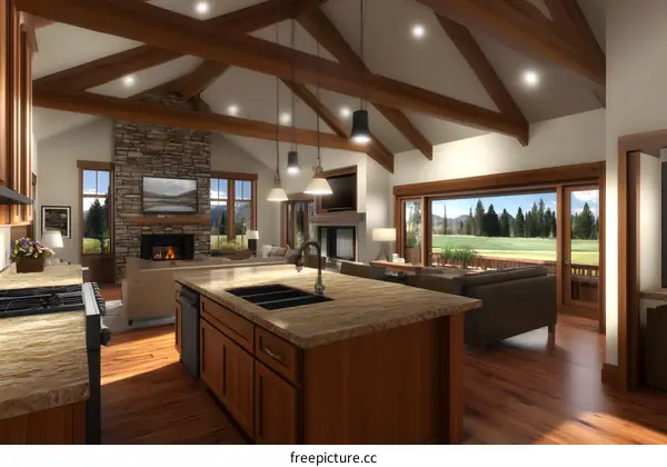 Modern Farmhouse Kitchen with Wood Beams and Stone Fireplace