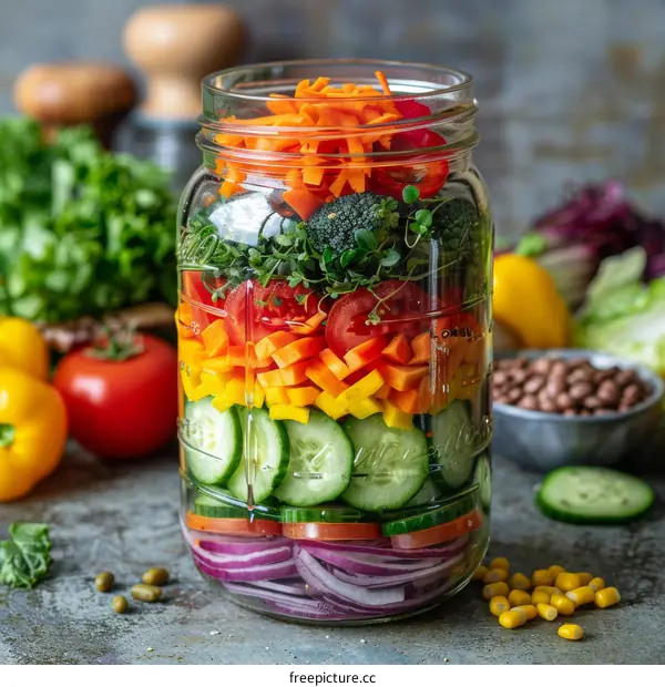 A mason jar salad with layers of colorful vegetables