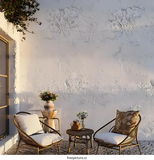 Two Wicker Chairs and a Table on a Patio with a White Wall