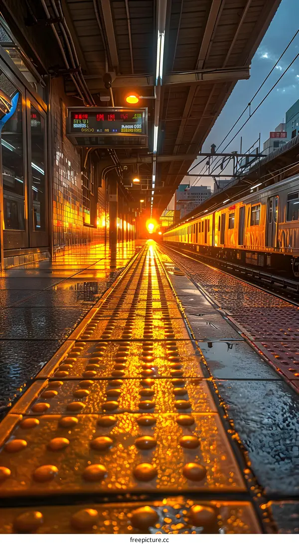 The setting sun shines through the station platform
