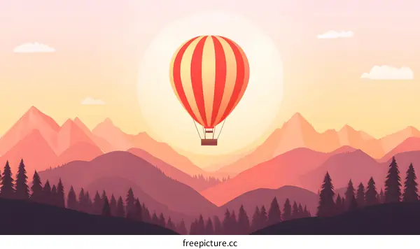 Hot Air Balloon Flying Over Mountain Range At Sunset