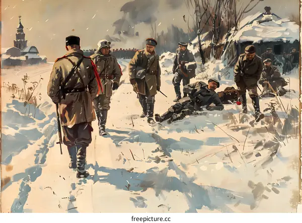 A group of soldiers in winter coats walking through a snowy forest