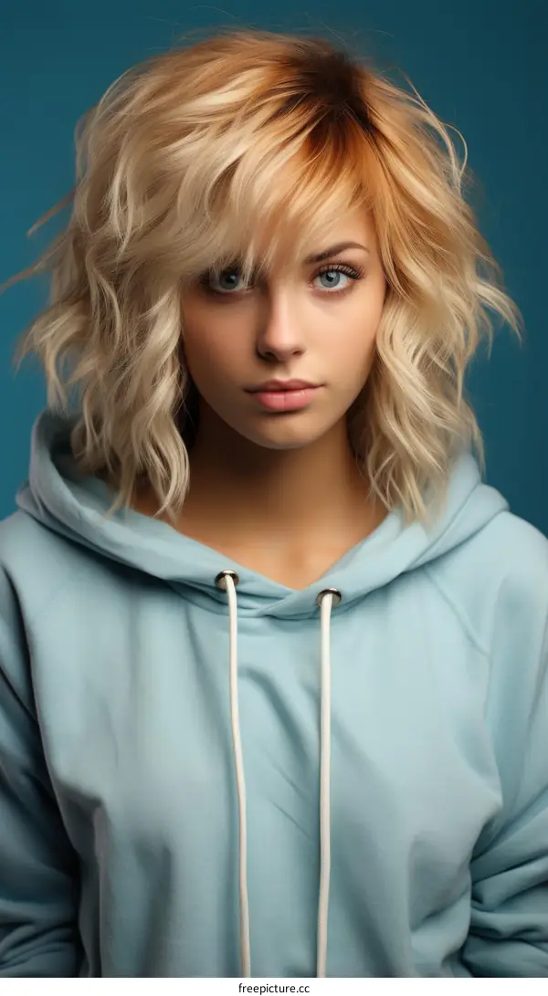 Portrait of a beautiful blonde woman with blue eyes wearing a blue hoodie