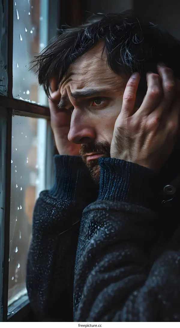 A man looking out the window in despair