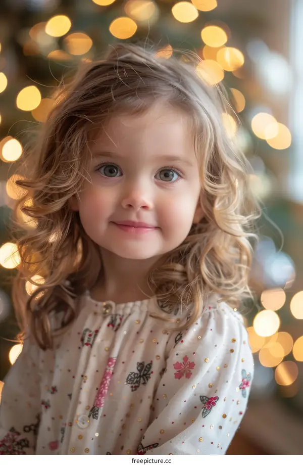 Little girl with blonde curly hair smiling in front of Christmas lights