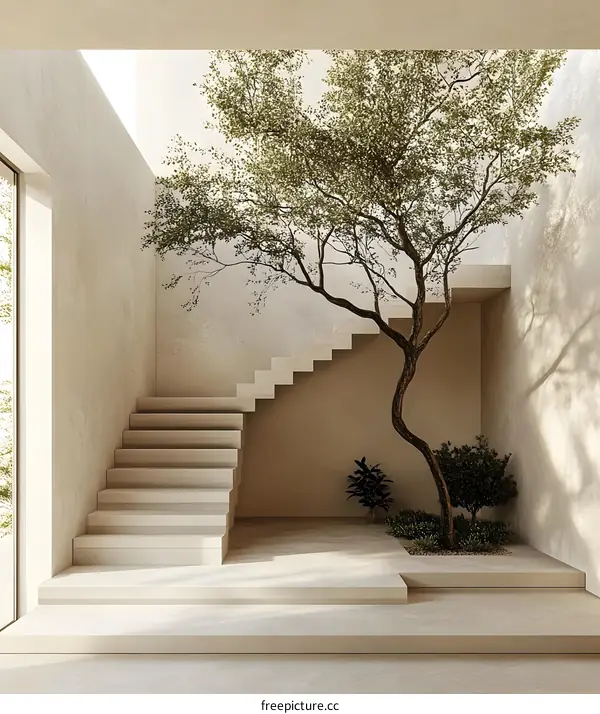 Minimalist Staircase Design with Indoor Tree