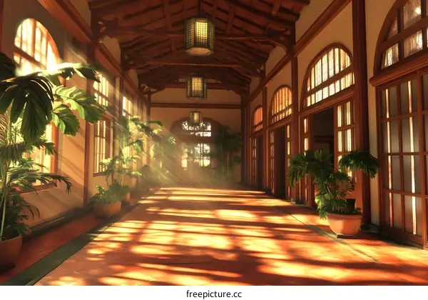 Sunlight Streaming Through Windows in a Long Hallway of a  Traditional Building