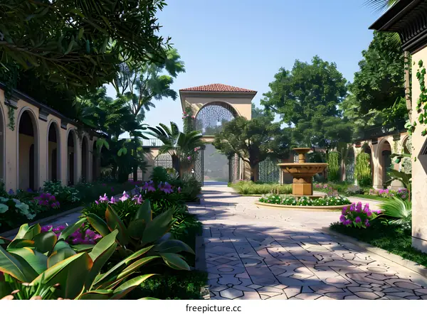 Luxury Villa Courtyard With Fountain And Greenery