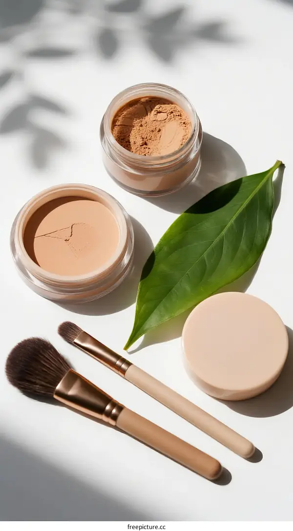 Natural makeup products with brushes and green leaf on white background