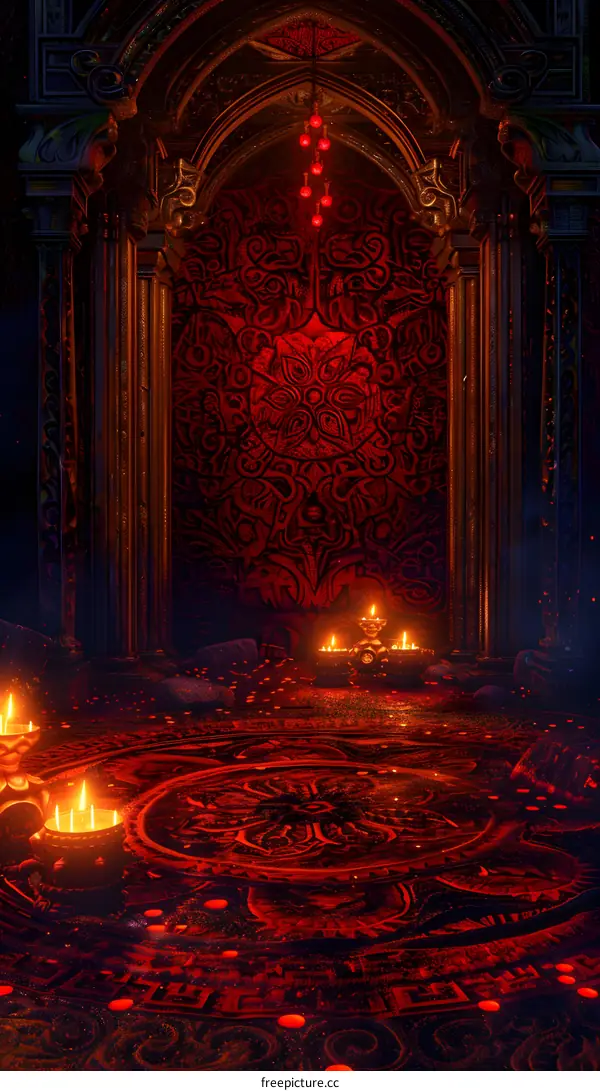 Dark Red Room With Ornate Architecture And Candles