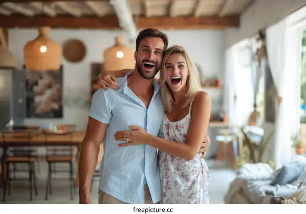 Happy couple hugging in the kitchen