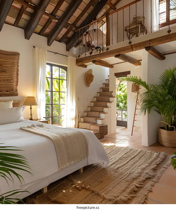 Rustic bedroom with a straw rug, palm plants and a woven wall hanging