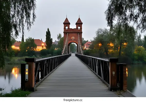 A Beautiful Historic Suspension Bridge at Dusk