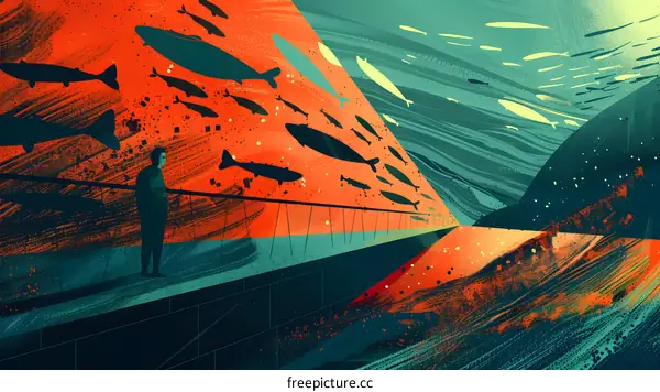Silhouettes of Fish Against a Colorful Abstract Background With a Man Standing On a Platform