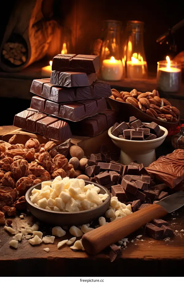 Assortment of Chocolate Bars and Pieces with Nuts on a Wooden Table