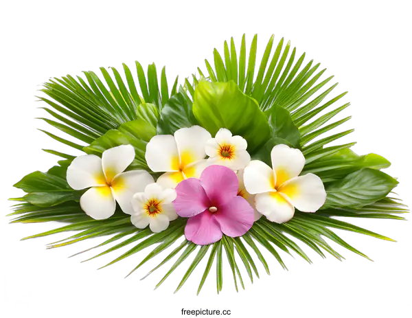 [Transparent Background PNG]Tropical Flowers and Palm Leaves on White Background