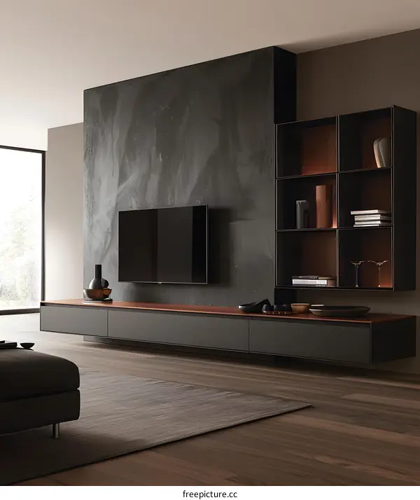 Modern Living Room Interior Design with Black Wall and Wooden Floor