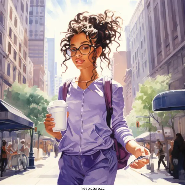 A young woman of African descent walks down a city street with a coffee and phone