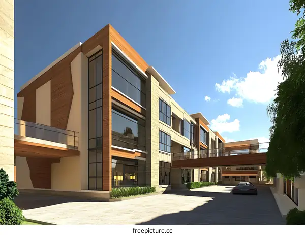 Modern Building with Wooden Facade and Glass Windows