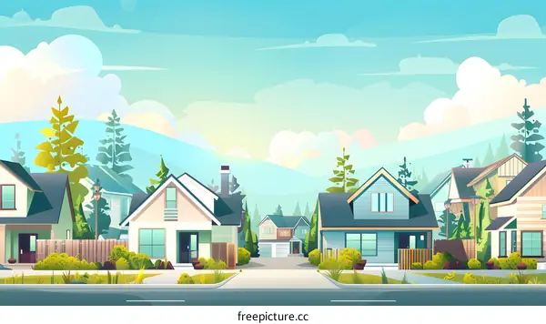 Cartoon Suburban Neighborhood with Houses and Trees