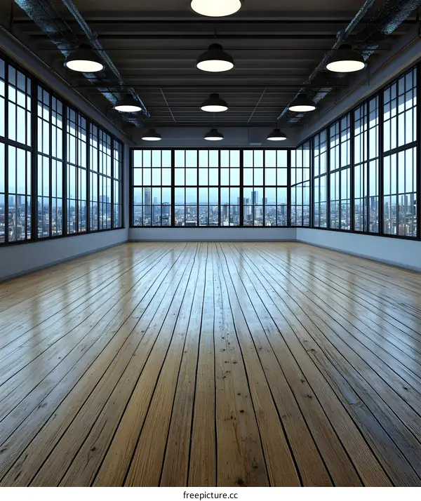 Empty Loft Room With Big Windows And City View