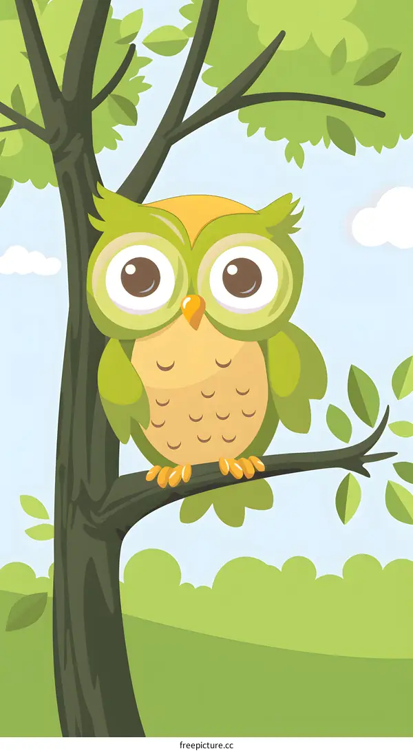 Cute Cartoon Owl Sitting On A Tree Branch