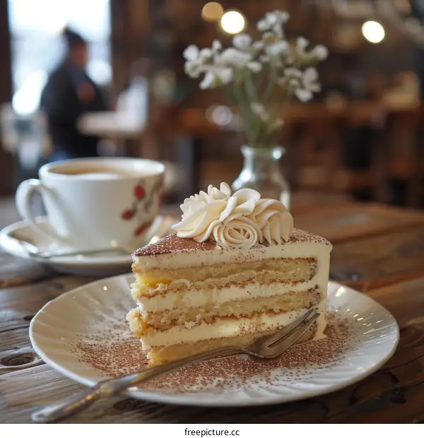 A delicious slice of cake on a white plate with a cup of coffee in the background