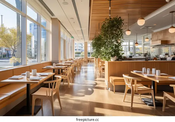 Elegant restaurant interior with large windows and wooden tables and chairs