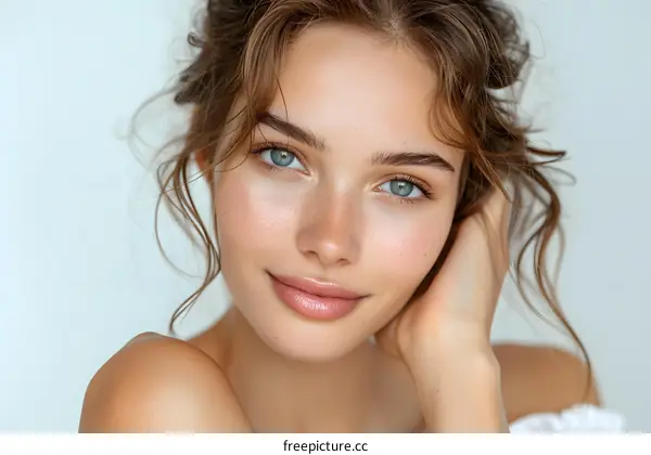 portrait of a beautiful young woman with brown hair and blue eyes