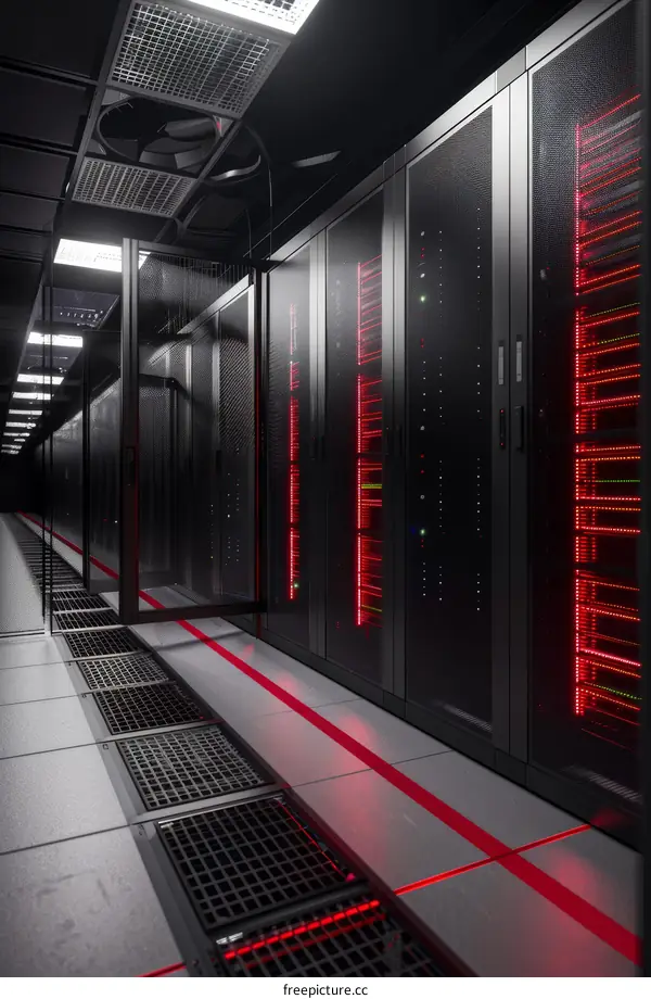 Server Room Data Center Interior with Red Lights