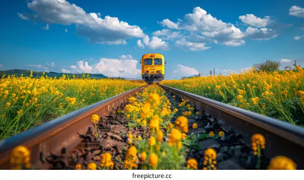 Yellow train passing through a field of yellow flowers
