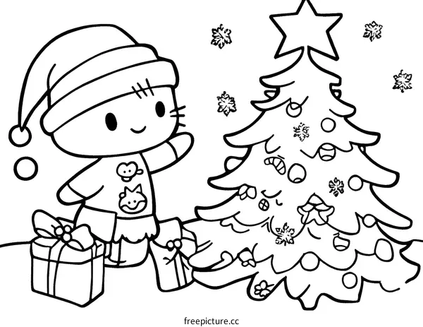Cute Cartoon Character Celebrating Christmas with a Christmas Tree