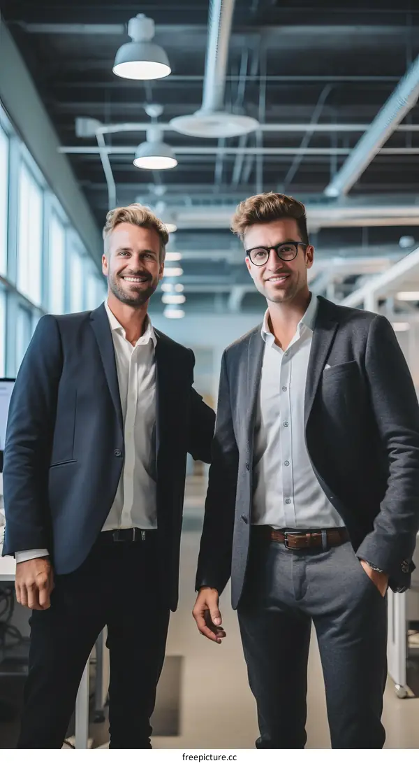Two businessmen standing in an office smiling