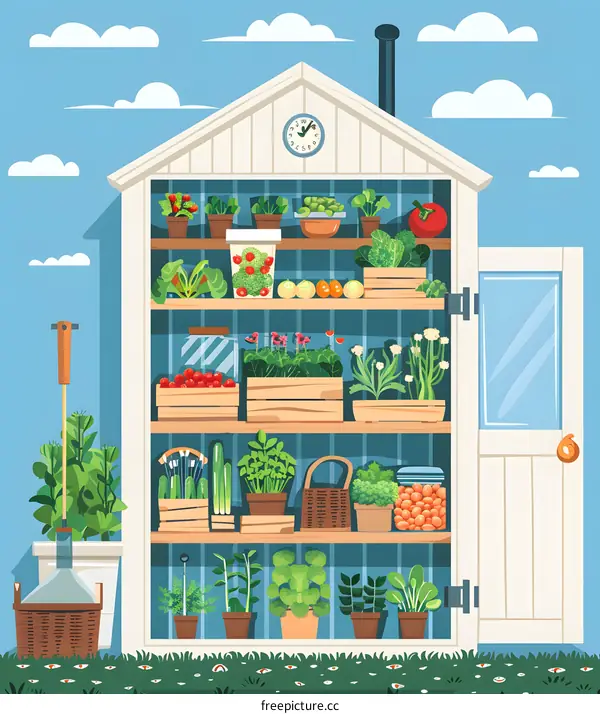 Illustration of a Greenhouse Filled With Fresh Vegetables