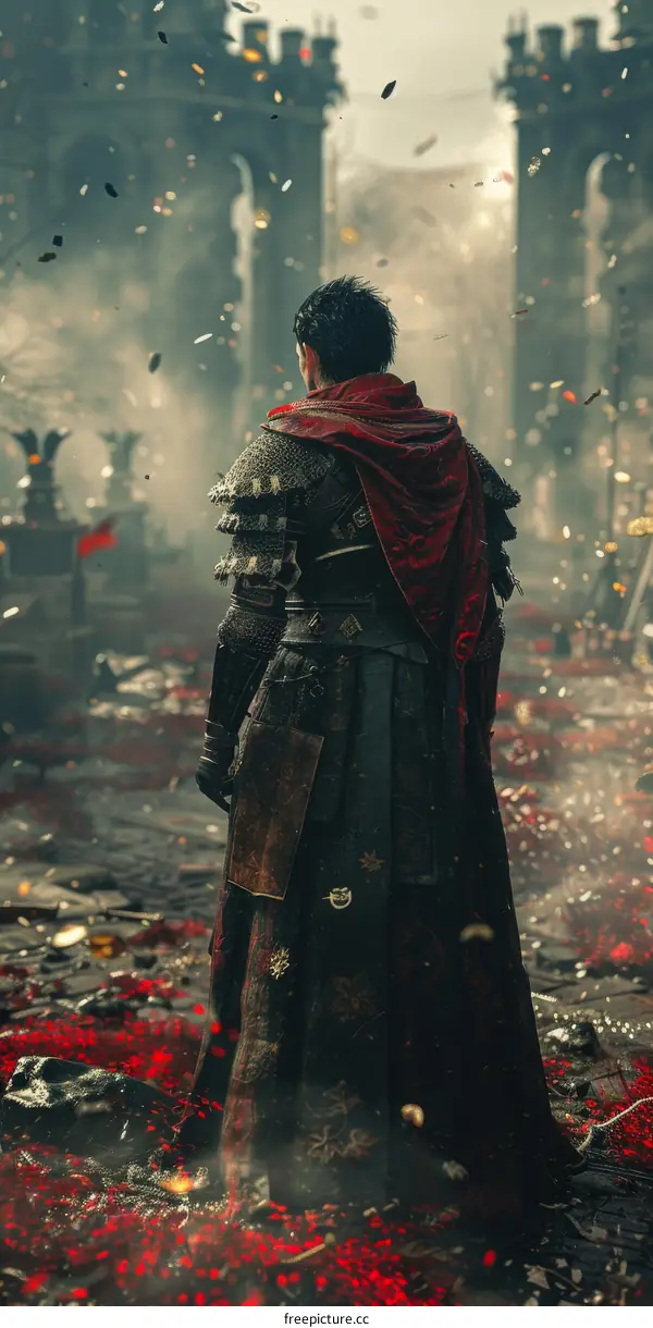 A warrior stands in the middle of a battlefield.