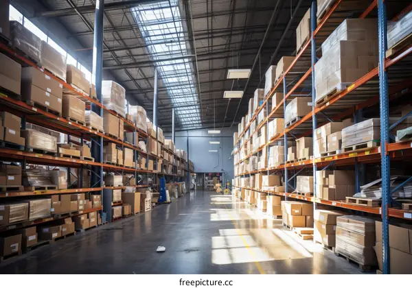 Warehouse with tall shelves full of cardboard boxes