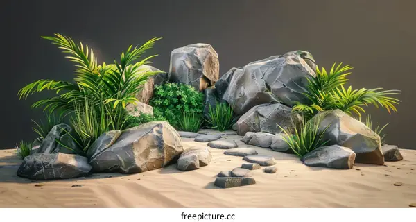 Rocky Terrain with Plants - 3D Rendering