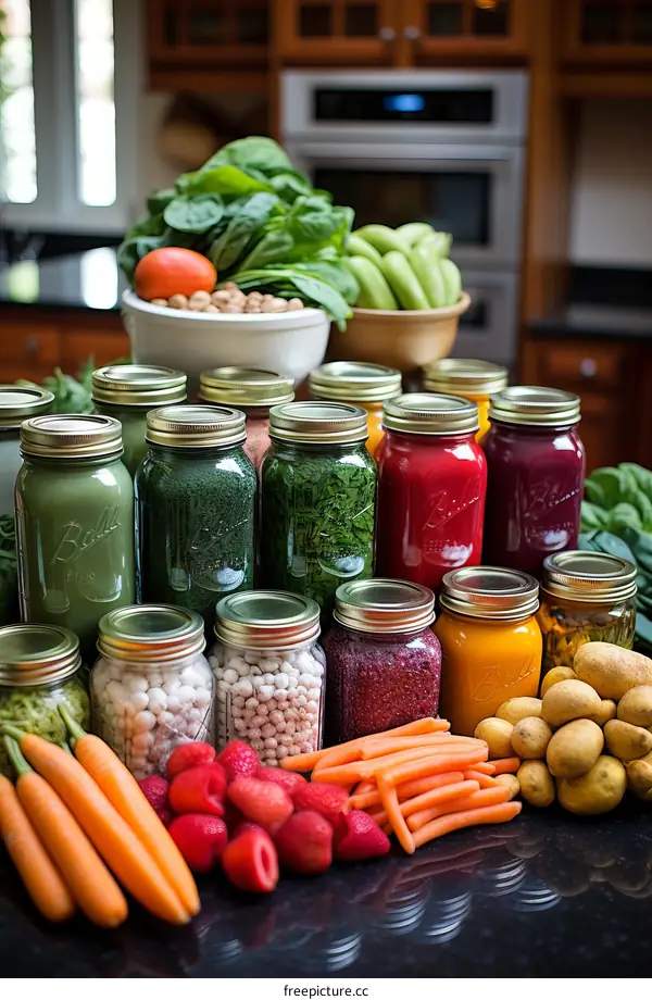 A variety of healthy foods, including fruits, vegetables, and grains