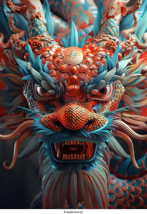 A 3D rendering of a Chinese dragon head with blue and red scales and golden horns.