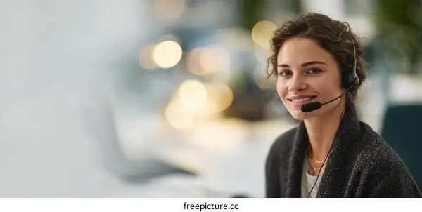 A woman wearing headphones working in a modern office setting