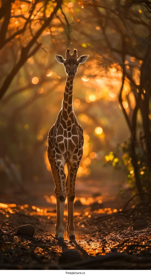 A tall giraffe standing in the middle of a forest path