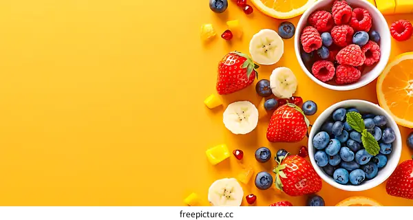 Fresh Fruit Salad with Berries and Citrus on Yellow Background