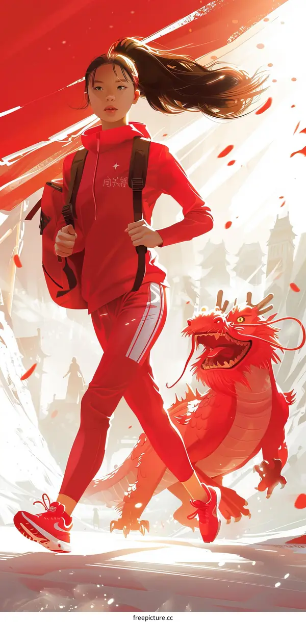 A girl walking with a red dragon in a red background